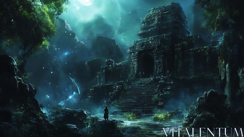 Ancient jungle temple glows beneath an eerie teal moon.