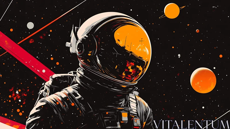 Retro cosmic explorer in vibrant orange astral field.