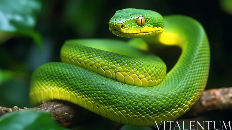 Emerald jungle serpent resting in a spiral of calm light.