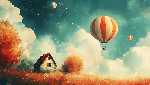 Whimsical hot air balloons drift above cottage landscape.