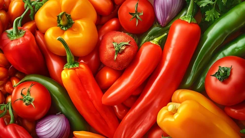 Photorealistic array of peppers and tomatoes in dense composition.