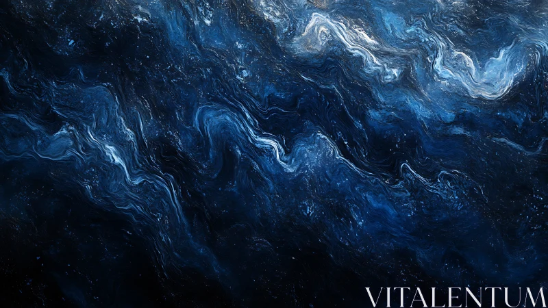 Deep blue abstract fluid waves with subtle cosmic texture.