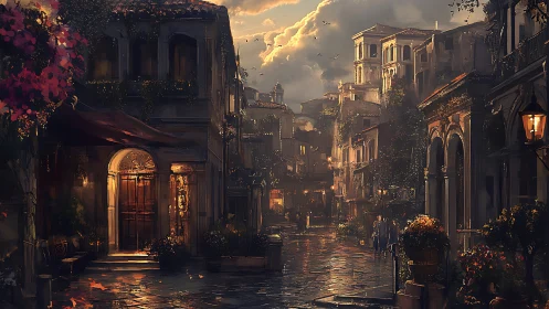 Golden evening light warms a quiet cobblestone street