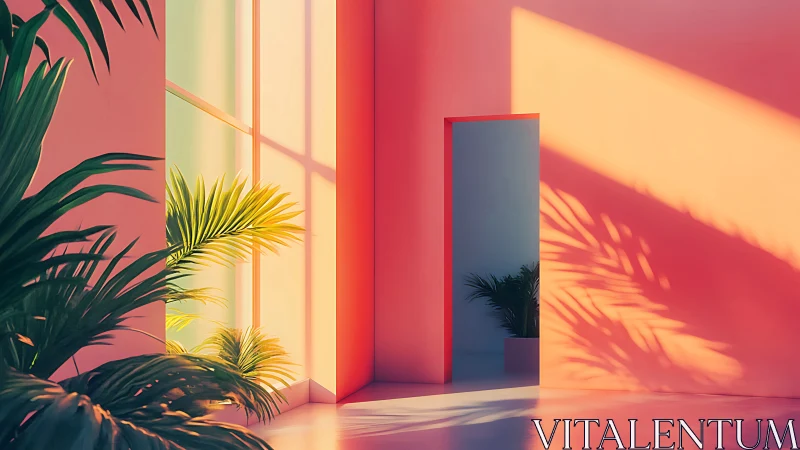 Chromatic sunlit atrium with palm shadows and planar geometry.