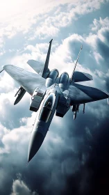 Modern gray fighter jet flying above bright layered clouds.