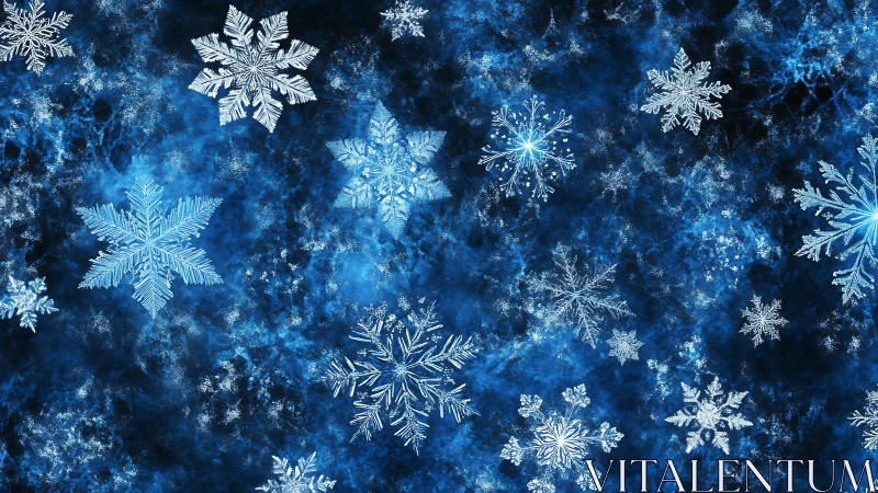 Icy crystalline snowflakes drifting on deep blue cosmos background.