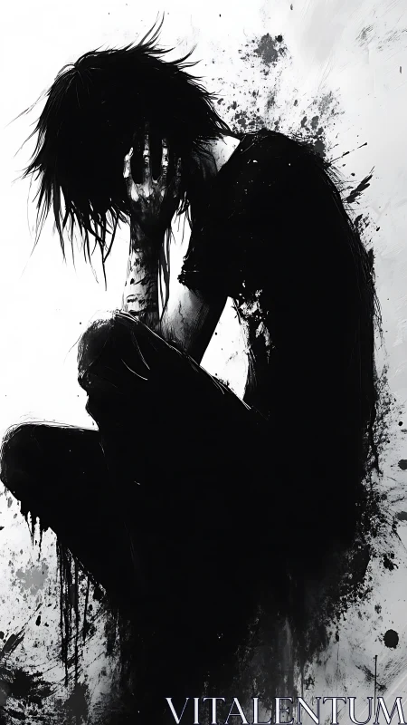 Monochrome digital figure curled in expressive despair.