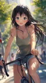 Sunlit city ride with carefree anime girl and summer breeze.