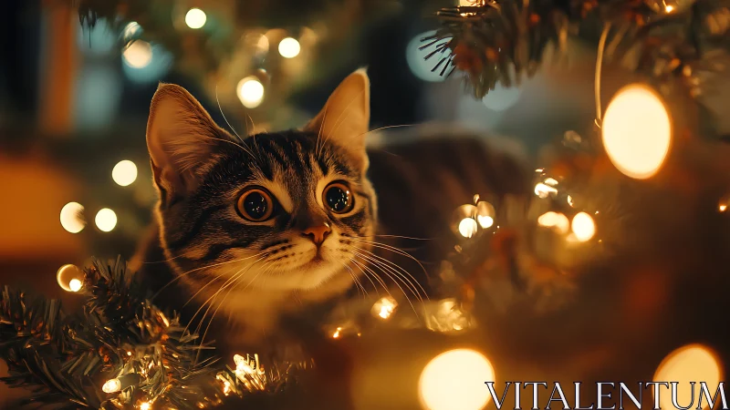Wide eyed kitten glowing in cozy holiday tree lights.