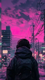 Hooded listener surveys neon dusk cityscape in magenta tones