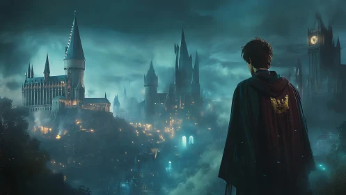 Moonlit wizard gazes toward a mist-soaked enchanted citadel.
