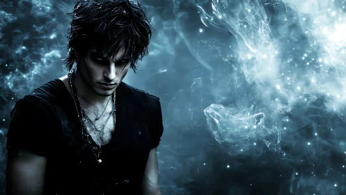 Dark haired figure before abstract blue cosmic energy field.