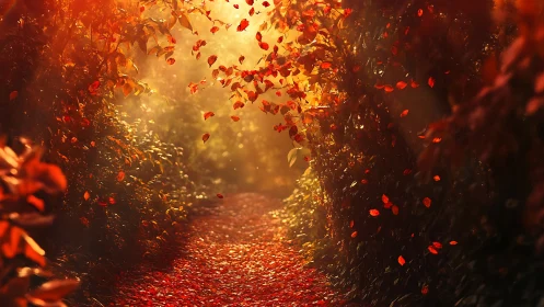 Autumn foliage corridor with backlit leaves and path surface.