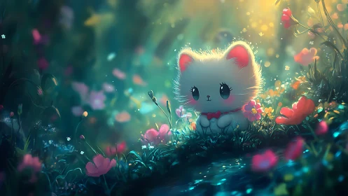 Enchanted Garden: A Magical Cat Among Glowing Flowers