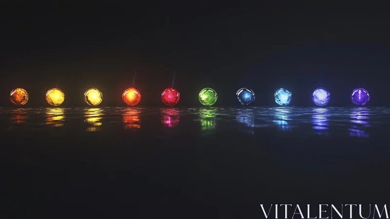 Glowing rainbow orbs lined over water in a night hush.