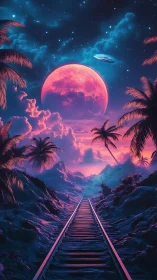 Neon lunar horizon aligns with receding rails under cyan nebular sky