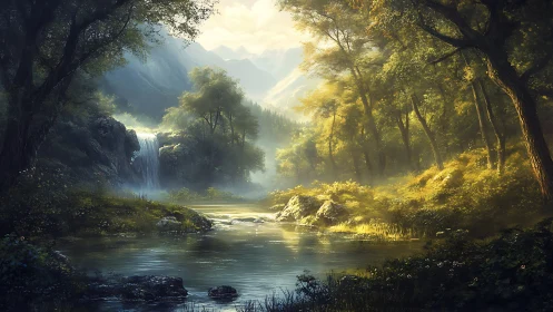 Luminous Gorge: Where Waterfalls Waltz Through Golden Light.