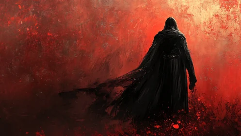 Hooded dark figure against blazing abstract red field.
