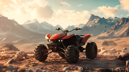 Sunlit desert quad roars quietly beneath painted mountain skies