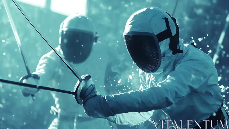 Dynamic duel between fencers in teal cinematic light.