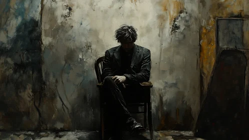 Seated male figure occupies dim interior against textured wall