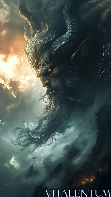 Storm-forged horned titan drifts between embers and clouds