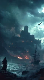 Stormy coastal fortress under siege with burning interior.