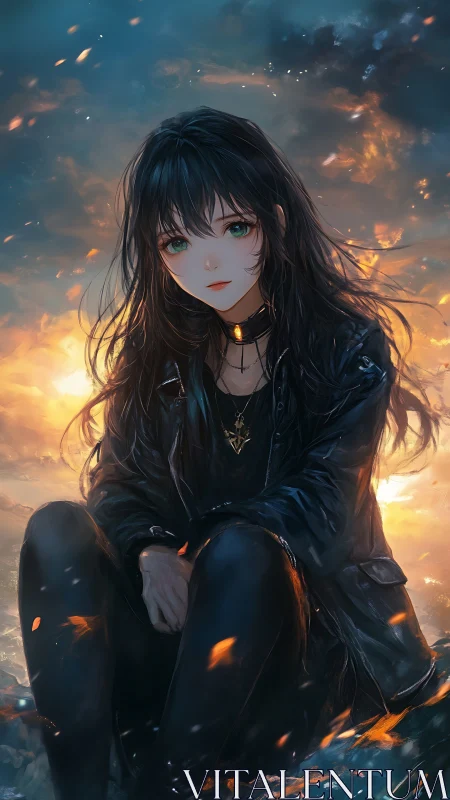 Stormlit girl in black quietly rules the burning horizon