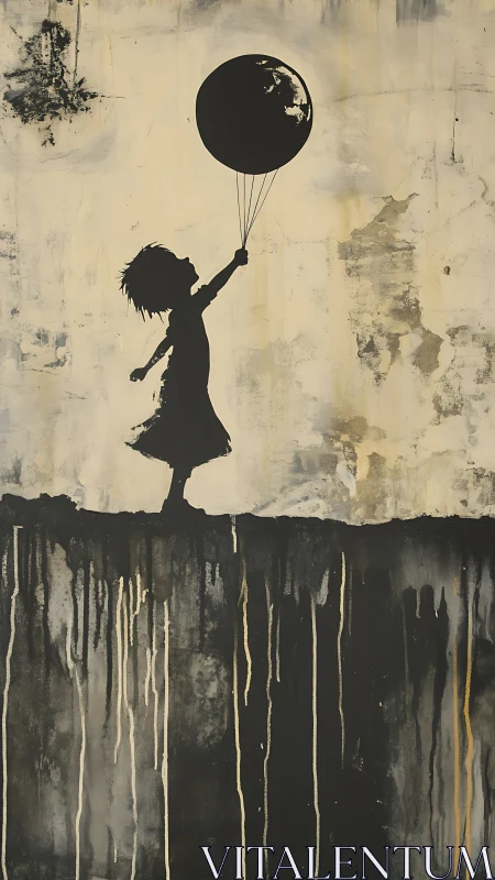 Silhouetted child lifts balloon moon above dripping abyss