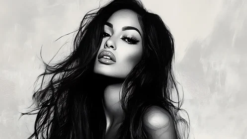 Monochrome portrait showcases bold gaze and flowing hair.