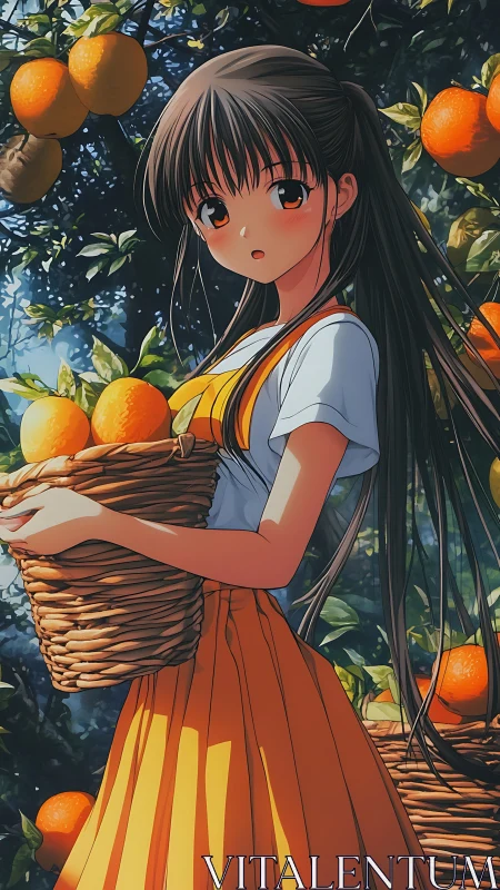 High-fidelity anime grove scene with citrus harvest dynamics.