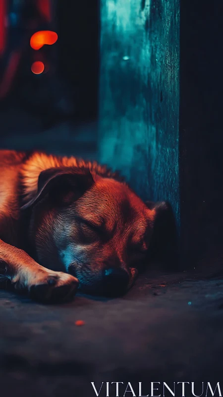 Dog sleeping on city floor under strong neon lighting.