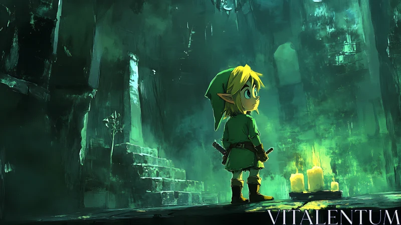 Young elf hero explores glowing ruins by candlelight.