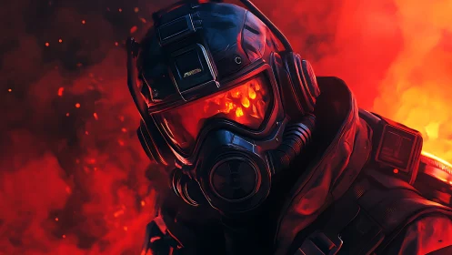 Armored figure in respirator helmet stands amid red combustion