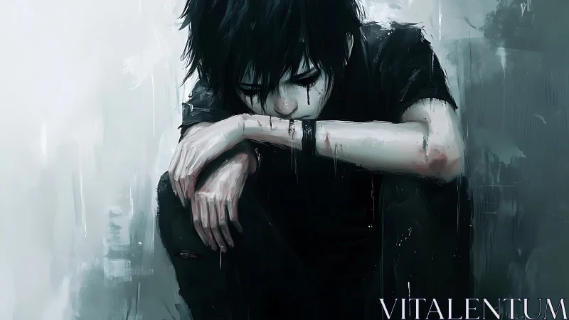 Solitary dark haired figure seated in a distressed corner.