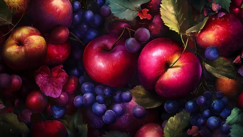 Lustrous apples and grapes glow in a lush digital still life.