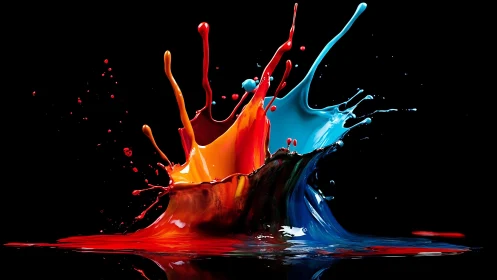 Colored liquid splashes intersect against a black background