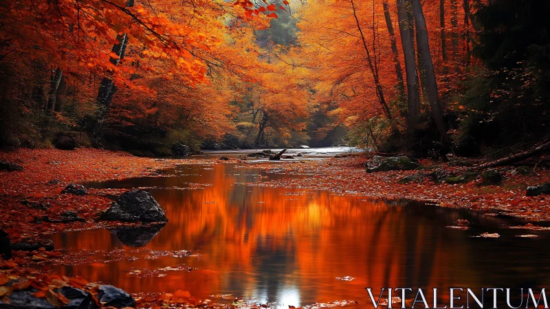 Vibrant Autumn Forest with Reflective River in Warm Sunset Light.