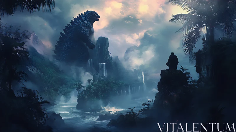 Colossal reptilian titan looming over misty jungle valley.