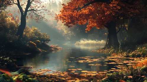 Golden autumn riverbend glowing under gentle morning light.