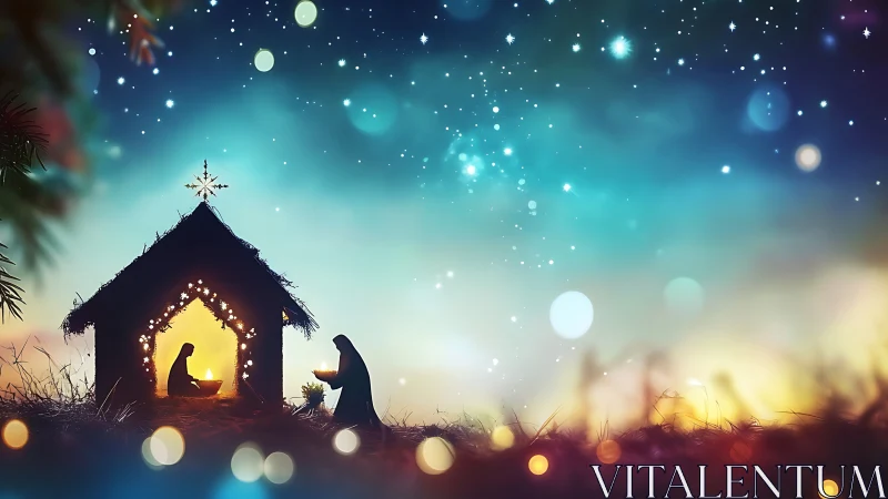 Nativity silhouettes stand under glowing stable and starry sky