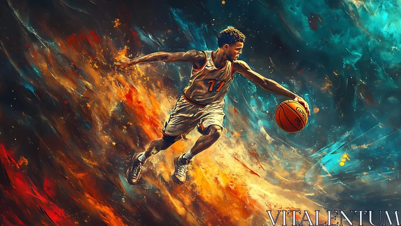Basketball player drives through fiery cosmic court