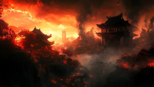 Ancient Chinese Pagodas Engulfed in Dramatic Inferno