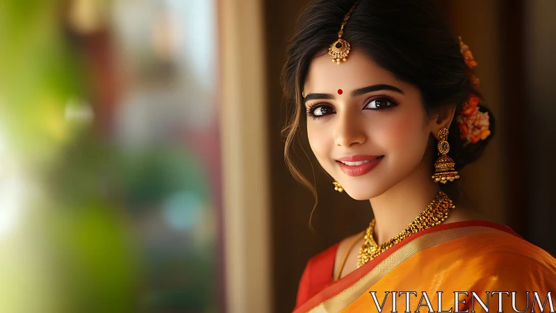 Portrait of a woman in traditional saree with cinematic soft focus lighting