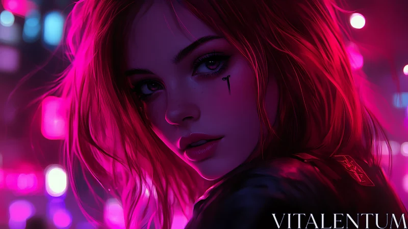 Neon haze drapes a rebel girl with midnight eyes and code-tears.