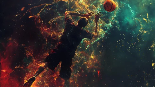 Cosmic crossover launches a lone baller through glowing nebulae