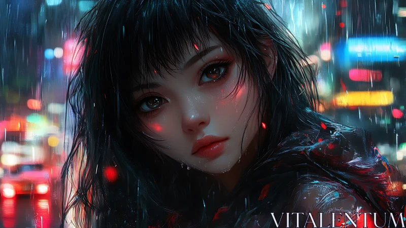 Rain‑soaked neon girl beneath blurred city lights at night.