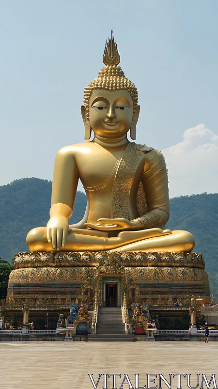 Golden Buddha statue radiates calm against misty hills