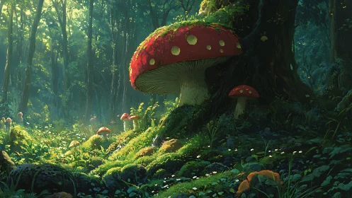 Sunlit forest glade with towering red fairy mushrooms.