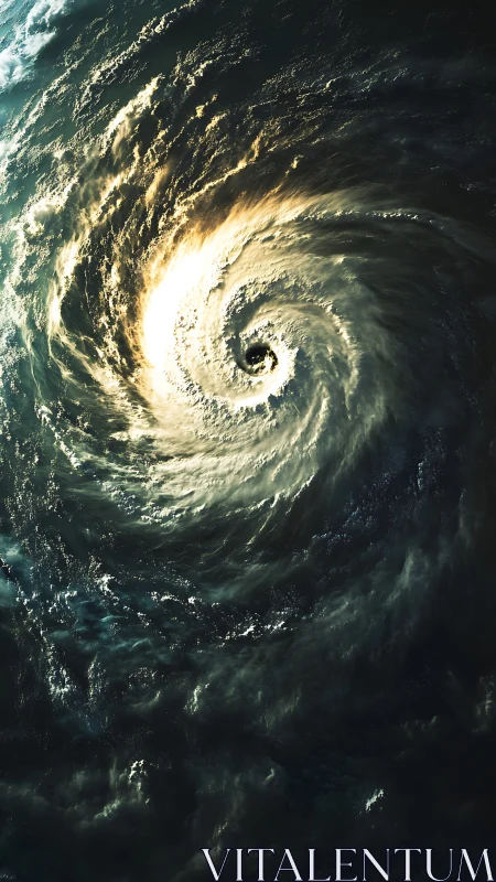 Spiraling ocean storm eye illuminated by dramatic golden light.